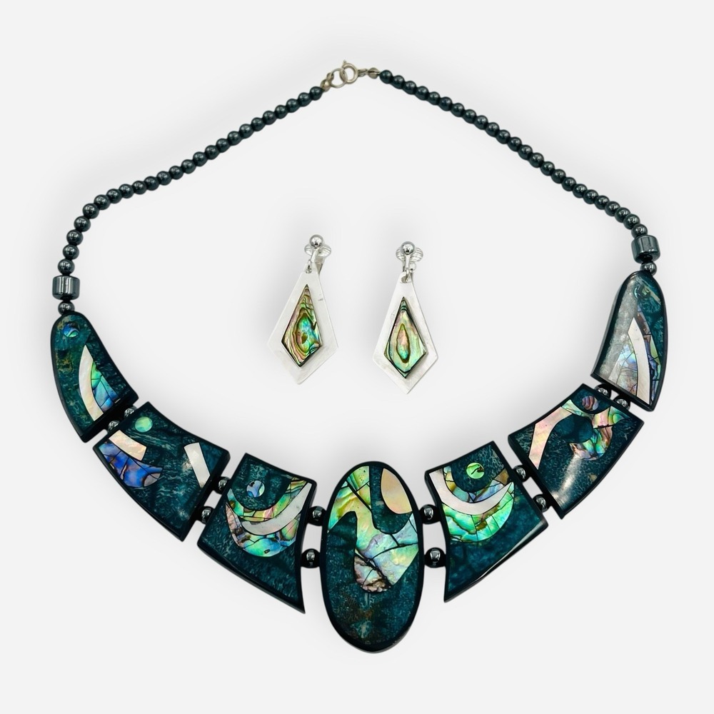 Vintage Lee Sands Inlay Mother Of Pearl Crescent Necklace Earrings‎ Black Green